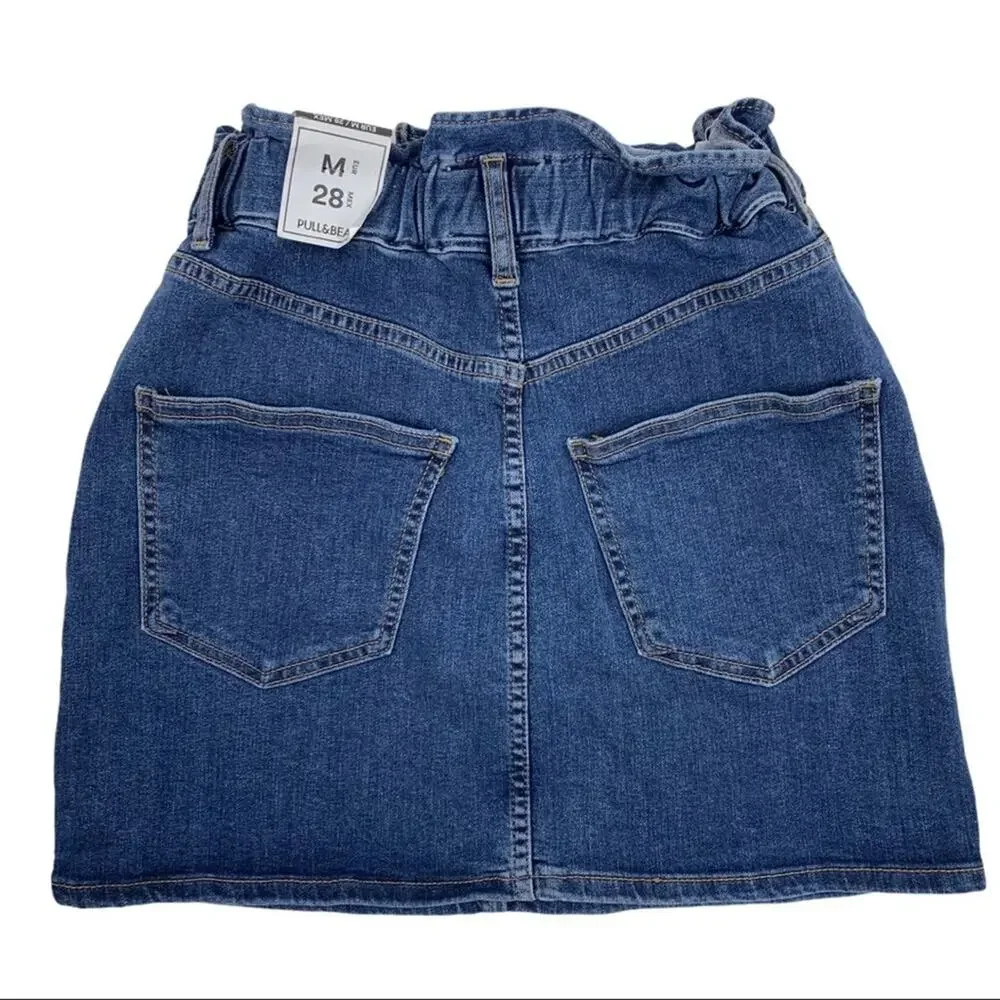 Pull & Bear | NWT | Small | Denim Blue Jeans Wide Elastic Waist Miniskirt - Picture 2 of 7